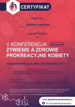 Certyfikat uczestnictwa w "V KONFERENCJA ZYWIENIE A ZDROWIE PROKREACYJNE KOBIETY"