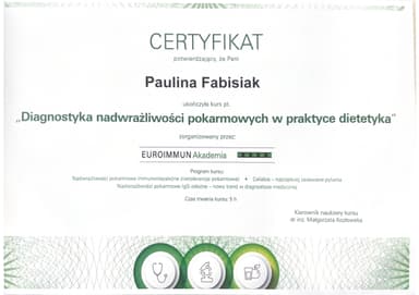 Certyfikat ukończenia kursu „Diagnostyka nadwrazliwosci pokarmowych w praktyce dietetyka"