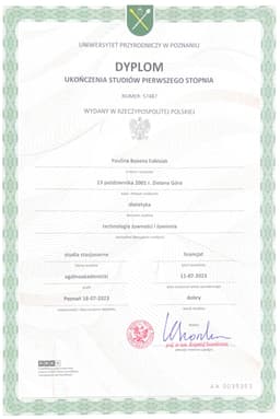 Dyplom ukończenia studiów pierwszego stopnia na kierunku Dietetyka